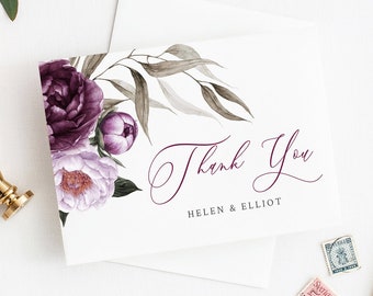 Purple Lilac Printable Thank You Cards, Editable Plum Lavender Floral Thank You Cards, DIY Template, Thanks, Instant Download Templett 527-A