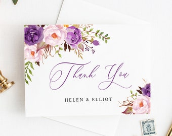 Purple Violet Boho Printable Thank You Cards, Editable Lilac Lavender Floral Thank You Cards, DIY Template, Thanks, Instant Download 530-A