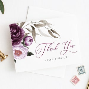 Tarjetas de agradecimiento imprimibles lila púrpura, tarjetas de agradecimiento florales de lavanda ciruela editable, plantilla de bricolaje, gracias, descarga instantánea Templett 527-A