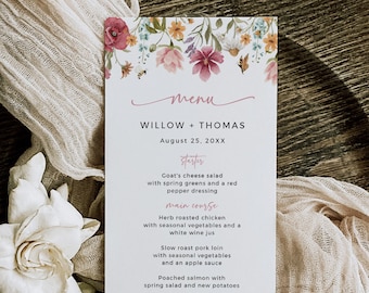 Boho Table Menu, Wildflower Bridal Shower Menu Template, Wildflower Wedding Menu, Garden Wedding Floral Menu Printable Menu, Editable, 595-A