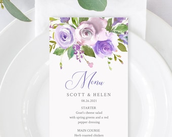 Editable Dusty Lilac Wisteria Floral Menu, Dusty Purple Table Wedding Menu, Lavender Printable Template, Templett Instant Download 555-A