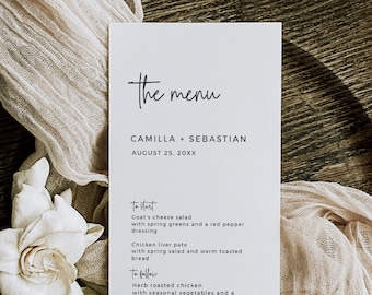 Editable Modern Table Menu, Printable Minimalist Wedding Menu, Black White DIY Bridal Shower Menu Template, Simple Elegant, Download 583-A