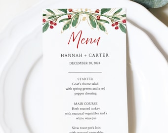 Editable Winter Red Berry Gold Green Menu, Christmas Table Wedding Menu, Printable Winter Menu, DIY Template Templett Instant Download 585-A