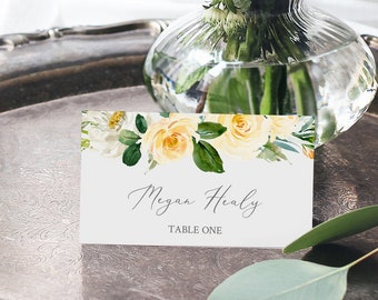 Editable Yellow Greenery Name Card Yellow Floral Place Cards Summer Wedding Seating Card, Garden Wedding Place Card Template Printable 558-A