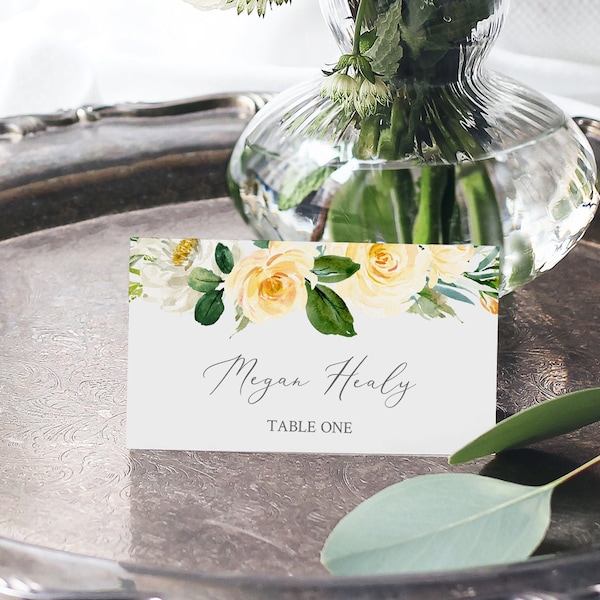 Yellow Floral Place Cards Editable Yellow Greenery Name Card Summer Wedding Seating Card, Garden Wedding Place Card Template Printable 558-A