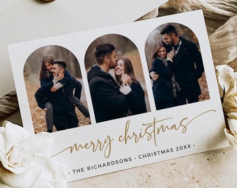 Editable Modern Gold Arch Christmas Photo Card, Arched Holiday Card Template, Printable Minimal Photo Holiday Card, Instant Download 212-A