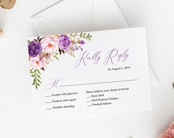 Purple Violet Boho Editable RSVP Card, Lilac Floral RSVP Insert, DIY Insert Template, Boho Printable Reply Card, Instant Download, 530-A