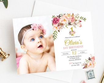 Pink Gold Floral Printable Photo Editable Birthday Invite, Girl First Birthday Photo Invitation Template, Any Age, Instant Download 308-PG