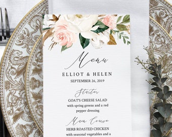 Magnolia Editable Menu, White Pink Floral Table Wedding Menu, Printable Magnolia Cotton Menu, DIY Template, Southern, Instant Download 524-A