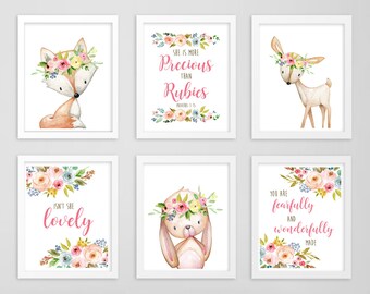 Boho Forest Animals Floral Isn't She Lovely Precious than Rubies Fearfully Made Printable Wall Art, Boho Nursery Art Set of 6 Download 602-A