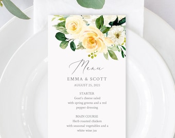 Editable Pale Yellow Boho Floral Menu, Yellow Greenery Table Wedding Menu, Lemon Green Printable Template, Templett Instant Download 558-A