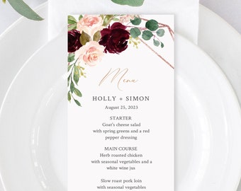 Rose Gold Geometric Burgundy Blush Editable Menu, Merlot Pink Floral Table Wedding Menu, Printable DIY Menu Template, Instant Download 575-A