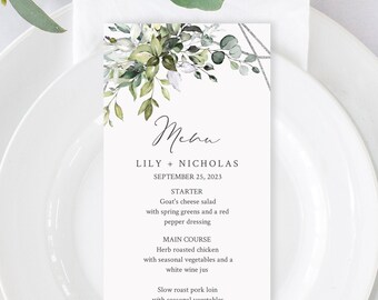 Editable Silver Geometric Green Menu, Botanical Table Wedding Menu, Printable Menu, Foliage DIY Template, Templett, Instant Download 568-A