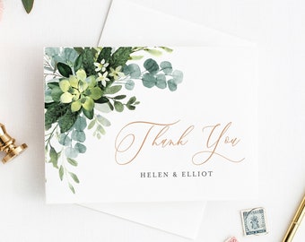 Greenery Rose Gold Printable Thank You Cards, Editable Botanical Thank You Cards, DIY Template, Thanks, Instant Download, Templett, 528-A