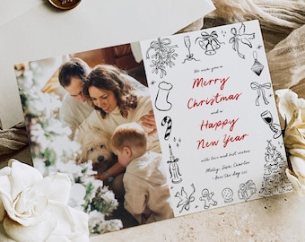 Editable Doodles Christmas Card, Hand Drawn Christmas Card Template with Photo, Printable Modern Holiday Card, Hand Written Xmas Card, 222-A