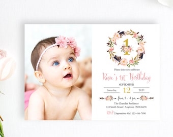 Gold Pink Floral Wreath Editable Photo Birthday Invite, Girl First Birthday Photo Invitation Template, Printable, Age Instant Download 311-W