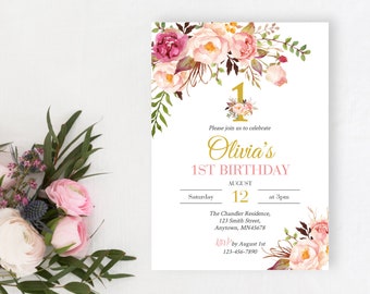 Boho Pink Gold Printable First Birthday Editable Invite, Floral 1st Birthday Invitation Template, Adult Birthday, Instant Download 308-PG