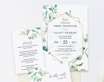 Eucalyptus Geometric Editable Wedding Invitation Suite, Greenery Gold RSVP Details, Printable Template, Instant Download, Templett 533-A