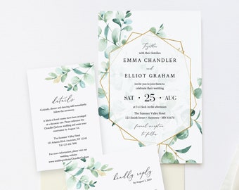 Eucalyptus Geometric Editable Wedding Invitation Suite, Greenery Gold RSVP Details, Printable Template, Instant Download, Templett 533-A