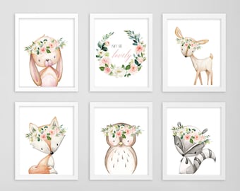 Blush Boho Forest Animals, Floral Wreath Isn't She Lovely, Owl Fox Rabbit Deer Raccoon, Printable Nursery Wall Art, Set of 6, Download 614-A