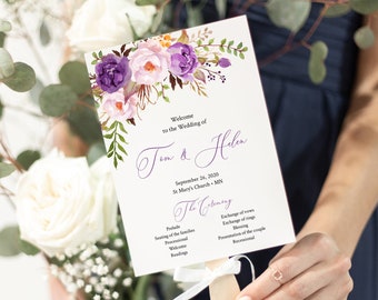 Purple Floral Editable Fan Program, Lavender Lilac Floral Wedding Program, Printable Fan Program, Boho DIY Template, Instant Download 530-A