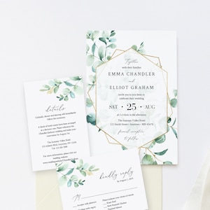 Eucalyptus Geometric Editable Wedding Invitation Suite, Greenery Gold RSVP Details, Printable Template, Instant Download, Templett 533-A
