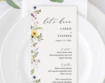 Editable Wildflower Menu, Green Purple Floral Table Wedding Menu, Printable Wild Flower Menu DIY Template, Templett Instant Download 581-A