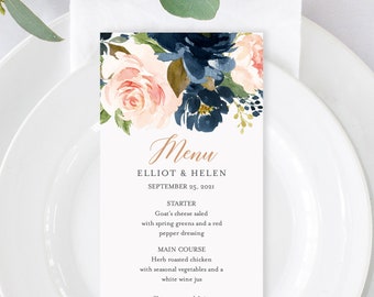 Rose Gold Navy Blush Floral Editable Menu, Pink Blue Green Table Wedding Menu, Printable Menu, Floral DIY Template, Instant Download 542-A