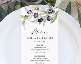 Editable Olive Menu, Olive Branch Italian Table Wedding Menu, Printable Rustic Menu DIY Template, Templett Instant Download 563-A