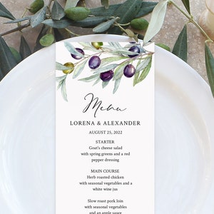 Olive Editable Menu, Olive Branch Greenery Table Wedding Menu, Printable Rustic Italian Menu DIY Template, Templett Instant Download 563-A