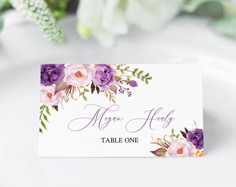 Lilac Name Card, Purple Boho Editable Place Cards Violet Lavender Floral Seating Card, Wedding Place Card Template Name Card Printable 530-A