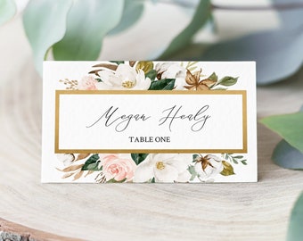 Magnolia Cotton Name Card Wedding Place Card Template, White Pink Floral Name Card Printable Seating Card Magnolia Editable Place Card 524-A