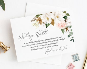 Magnolia Editable Wishing Well Insert, White Pink Floral Honeymoon Wish DIY Template, Cotton Printable Invite Insert, Instant Download 524-A