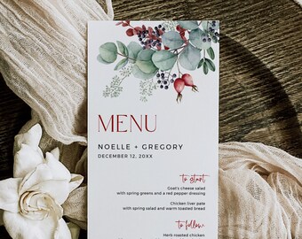Winter Foliage Table Menu, Botanical Menu, Printable Menu, Eucalyptus Menu, Winter Wedding Menu, Bridal Shower Menu Template, Editable 515-A