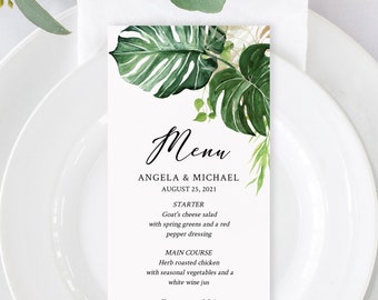 Editable Tropical Greenery Wedding Menu, Monstera Menu, Gold Printable Destination Wedding Menu, Shower DIY Template, Instant Download 550-A