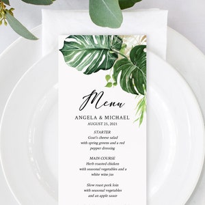 Monstera bewerkbaar menu, tropisch groen trouwmenu, gouden afdrukbare bestemming trouwmenu, douche DIY sjabloon, Instant Download 550-A