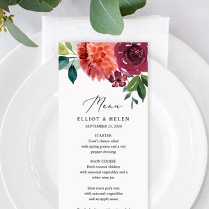 Burnt Orange Floral Editable Menu, Fall Burgundy Table Wedding Menu, Printable Autumn Menu, Greenery DIY Template, Instant Download 534-A