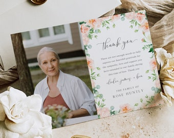 Memorial Thank You Card with Photo, Peach Floral Funeral Thank You Card Woman, Thank You Celebration of Life Editable Thank Template 551-A