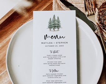 Printable Rustic Woodland Editable Menu, Winter Minimal Pine Table Wedding Menu, DIY Template, Minimalist Forest, Instant Download 588-A