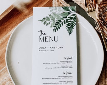 Editable Modern Botanical Menu, Printable Fern Foliage Minimal Table Wedding Menu, Greenery DIY Template, Minimalist, Instant Download 586-A