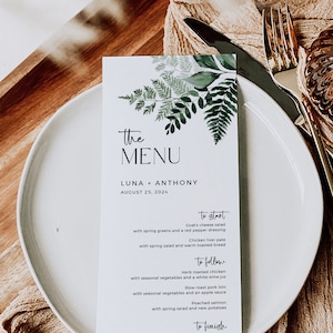 Modern Botanical Editable Menu, Greenery Minimal Table Wedding Menu, Printable Fern Foliage DIY Template, Minimalist, Instant Download 586-A