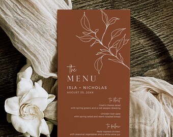 Modern Wedding Menu, Minimal Menu, Terracotta Wedding Menu, Botanical Menu, Boho Bridal Shower Menu, Elegant Menu, Editable Template, 589-B