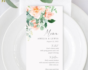 Editable Peach Rose Menu, Peach Floral Greenery Table Wedding Menu, Printable Eucalyptus Menu DIY Template, Templett Instant Download 551-A