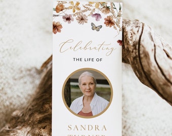 Wildflower Bookmark Keepsake, Woman's Funeral Bookmark Template Memorial Bookmark Favor, Funeral Keep Sake, Obituary Editable Bookmark 513-A