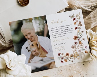 Wildflower Memorial Thank You Card with Photo, Woman's Funeral Thank You Card, Fall Celebration of Life Thank You Template, Editable 513-A