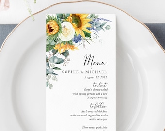 Editable Sunflower Menu, Yellow Floral Greenery Table Wedding Menu, Printable Eucalyptus Menu DIY Template, Templett Instant Download 565-A