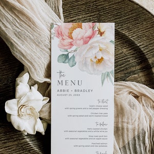 Peony Menu, Peonies Wedding Menu, Blush Floral Table Menu, Garden Wedding Menu, Printable Menu, Bridal Shower Menu, Editable Template, 507-A