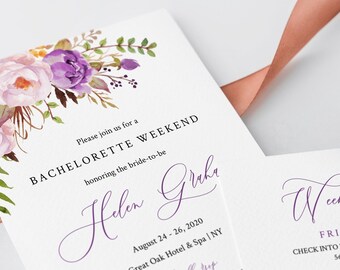 Purple Boho Editable Bachelorette Party Invitation, Itinerary, Lilac Bachelorette Weekend Printable DIY Template, Instant Download, 530-A