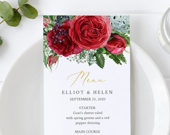 Red Gold Greenery Table Wedding Menu, Red Rose Fern Floral Editable Menu, Printable Winter Menu DIY Template Templett Instant Download 541-A