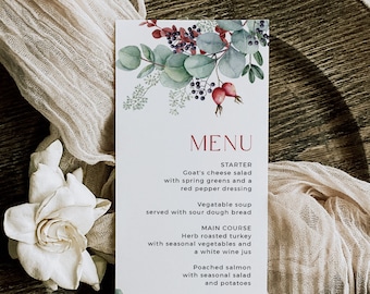 Modern Winter Foliage Printable Menu, Editable Christmas Menu Template, Christmas Dinner Menu, Holiday Party Burgundy Instant Download 209-A